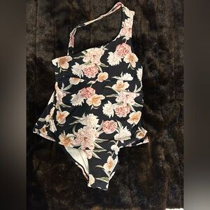 Alex Marie of Hollywood One-Shoulder Floral One-Piece Swimsuit Black Pink Sz 10
